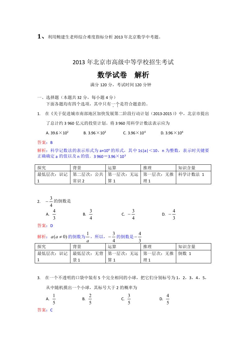 利用鲍建生老师综合难度指标分析年北京数学中考题