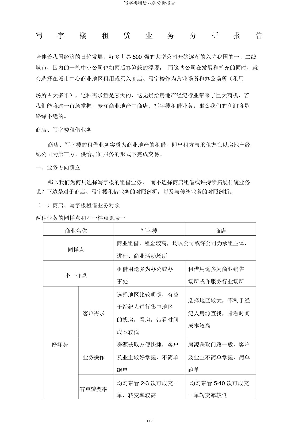 写字楼租赁业务分析报告