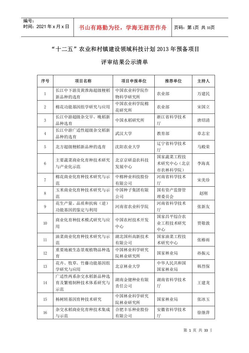 “十二五”农业和村镇建设领域科技计划XXXX年预备项目