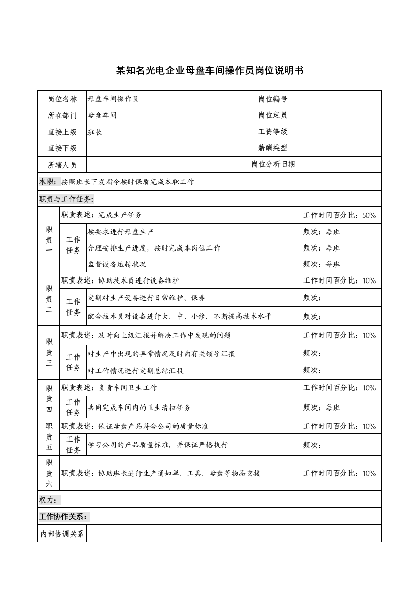 某知名光电企业母盘车间操作员岗位说明书