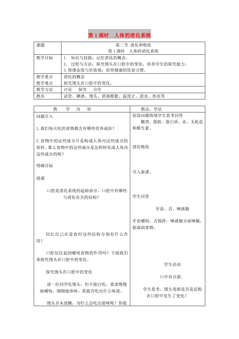 2019年春七年级生物下册第四单元第二章第二节消化和吸收第1课时人体的消化系统教案