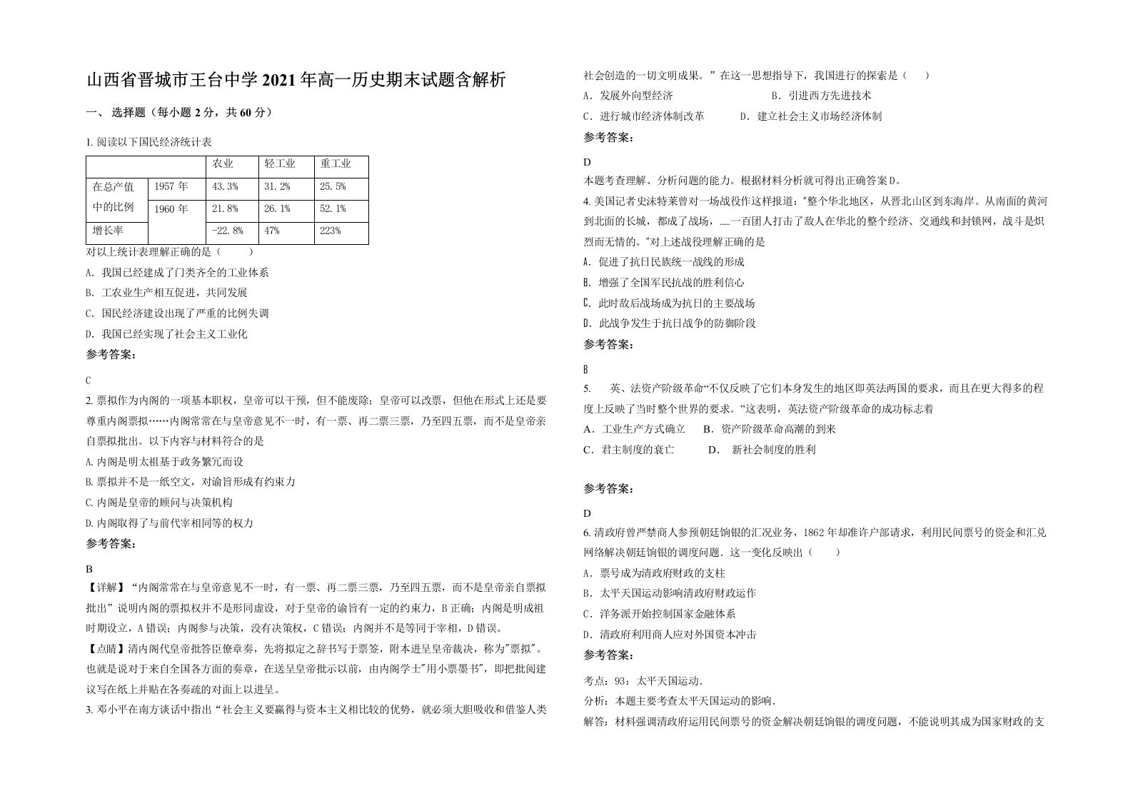 山西省晋城市王台中学2021年高一历史期末试题含解析