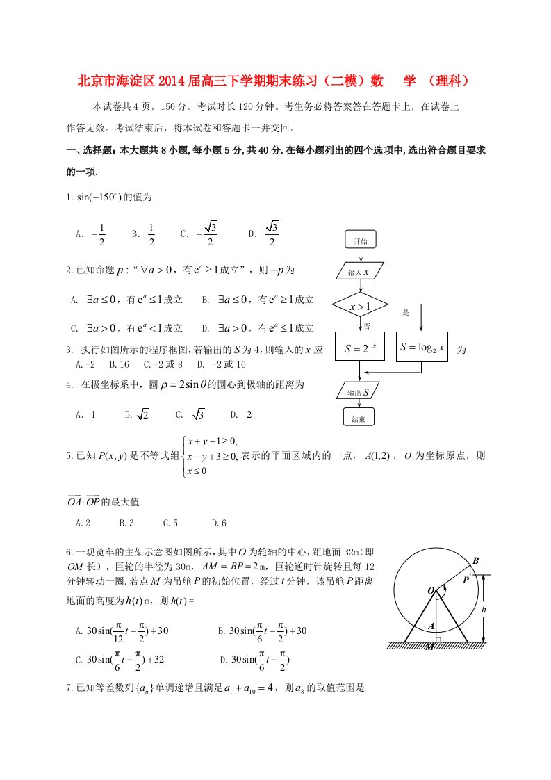 北京市海淀区2014届高三数学下学期期末练习试题理(海淀二模,无答案)