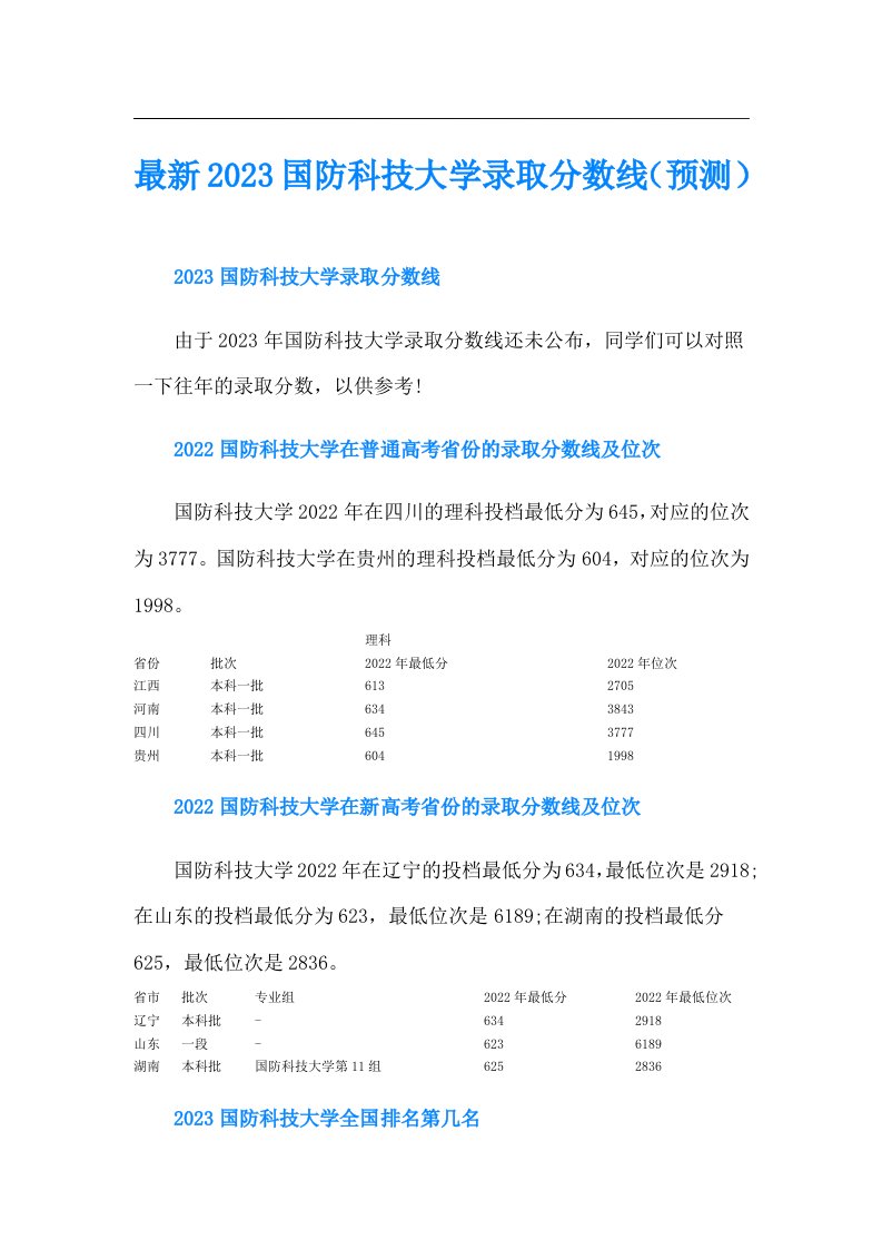 最新国防科技大学录取分数线（预测）