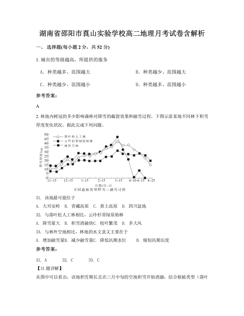 湖南省邵阳市莨山实验学校高二地理月考试卷含解析