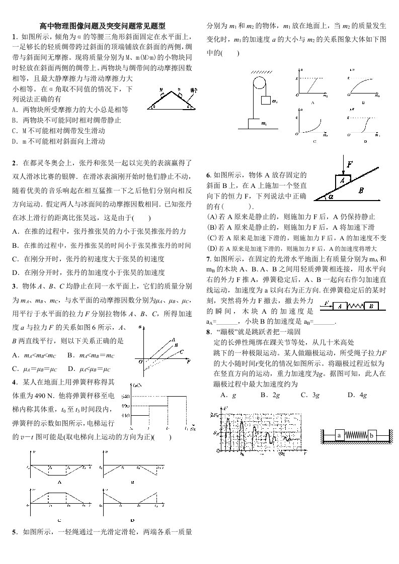 高一物理力学图像及突变问题(无答案)