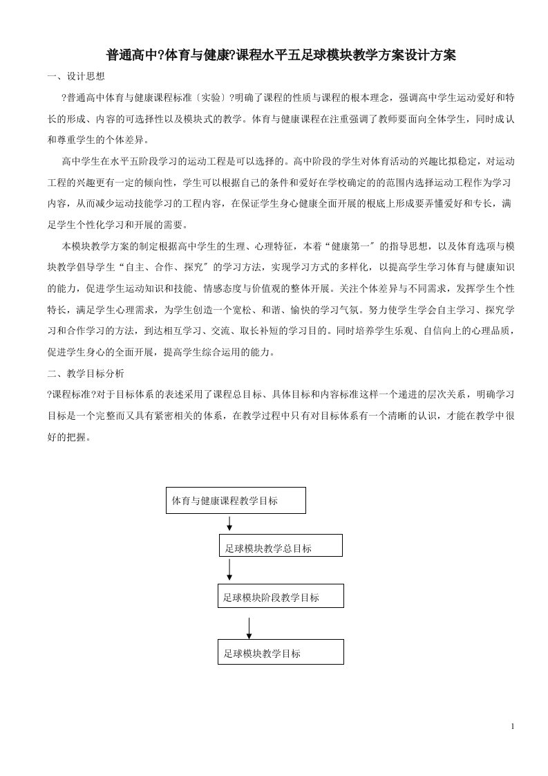 普通高中《体育与健康》课程水平五足球模块教学计划设计方案