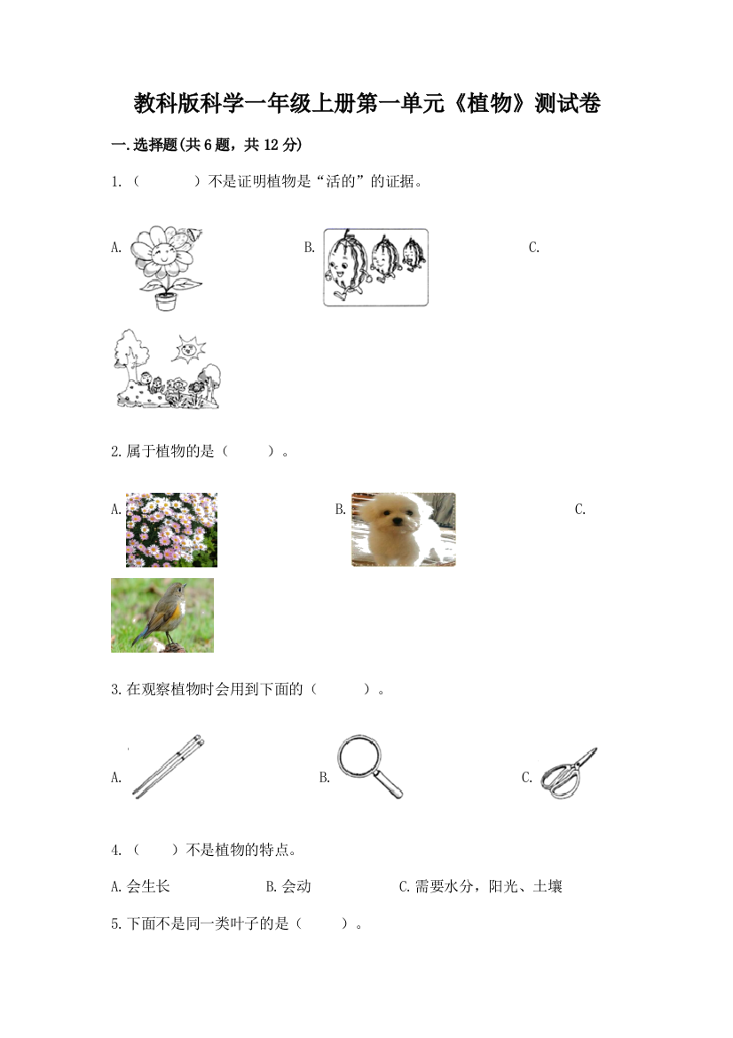 教科版科学一年级上册第一单元《植物》测试卷附参考答案（b卷）