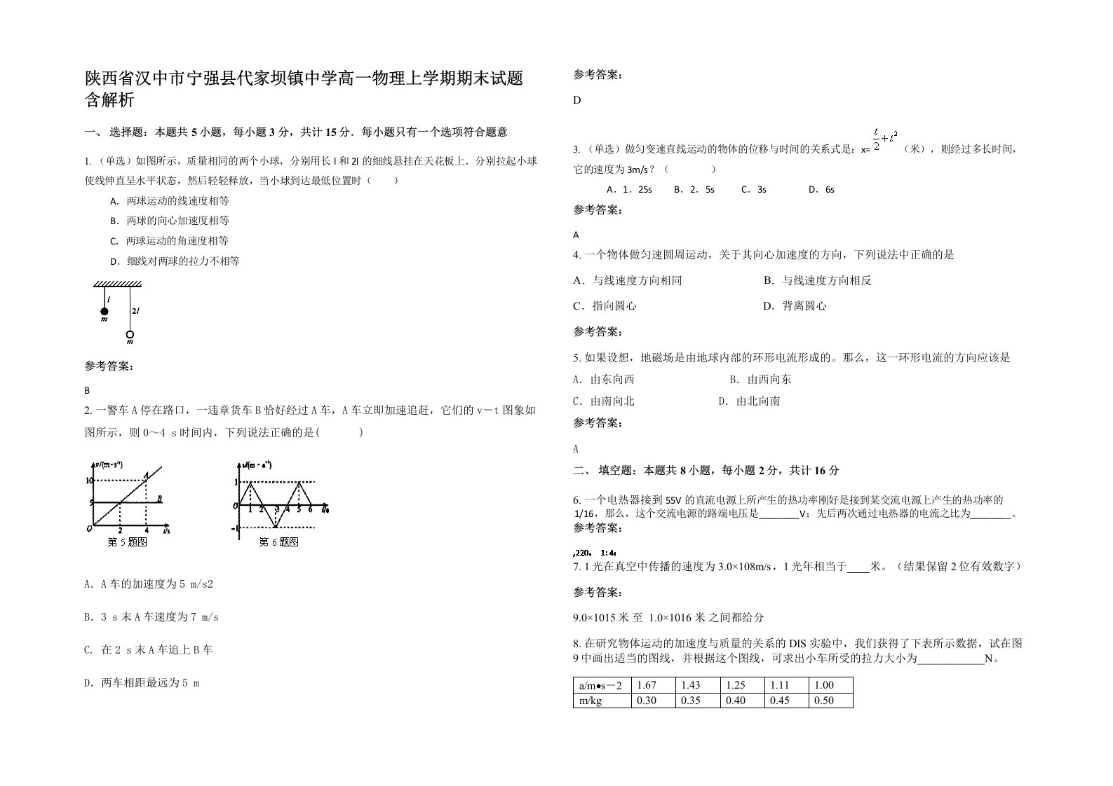 陕西省汉中市宁强县代家坝镇中学高一物理上学期期末试题含解析