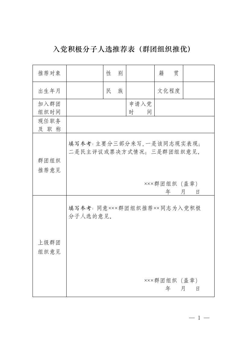 入党积极分子人选推荐表群团组织推优