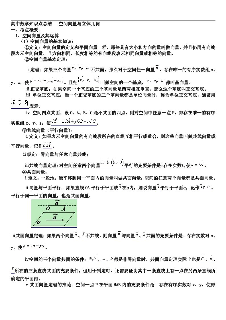 高中数学知识点总结大全：空间向量和立体几何