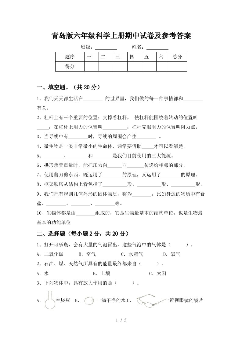 青岛版六年级科学上册期中试卷及参考答案