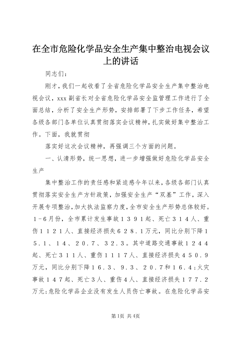 在全市危险化学品安全生产集中整治电视会议上的讲话