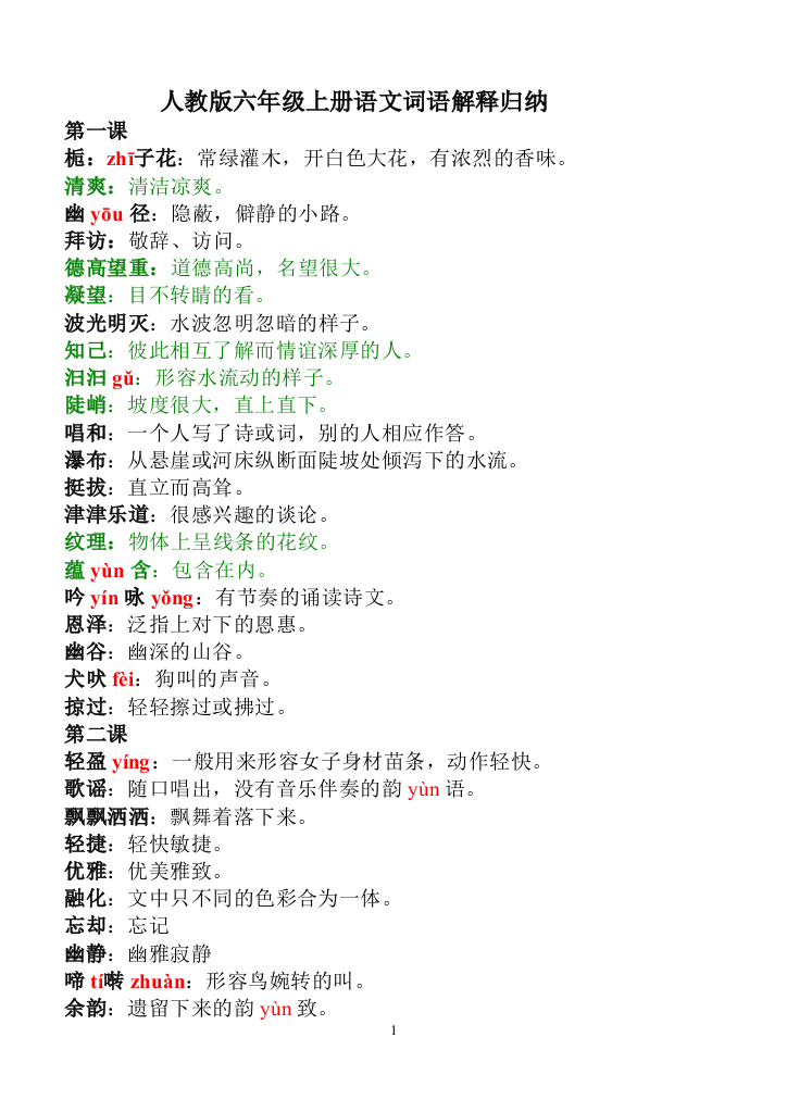 人教版六年级上册语文词语解释归纳