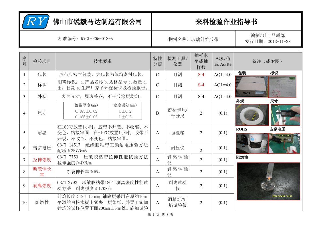 玻璃纤维胶带来料检验作业指导书