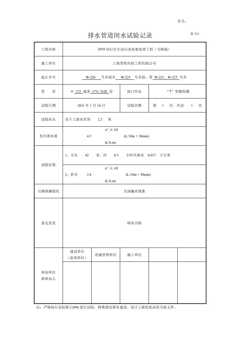 室外排水管道闭水试验记录示例