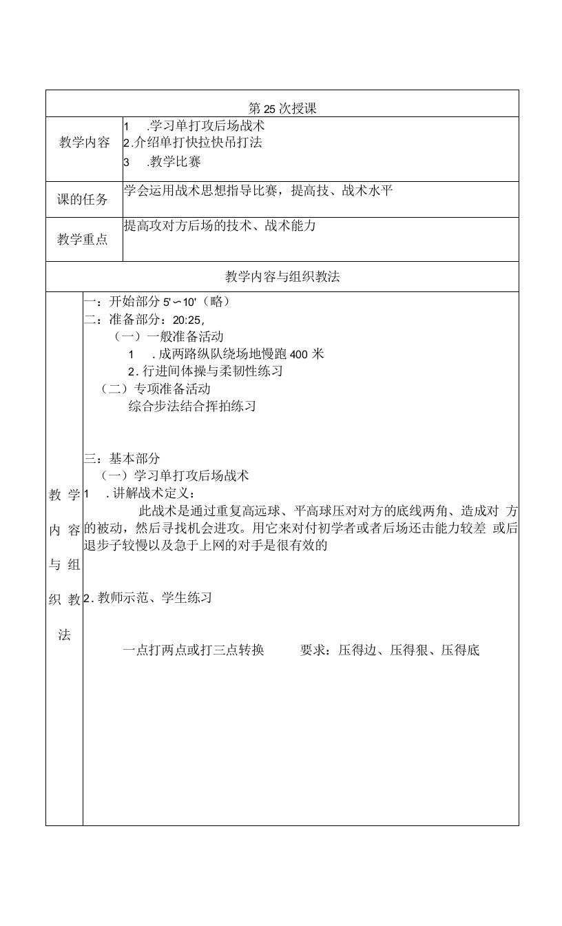 大学羽毛球教学学习单打攻后场战术教案