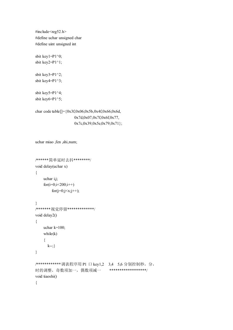 基于51单片机的可调时24小时时钟共阳极数码管程序