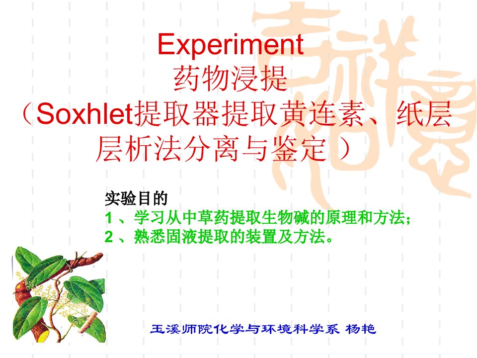 环境化学ppt课件-12药物浸提—Soxhlet提取器提取黄连素、纸层层析法分离与鉴定