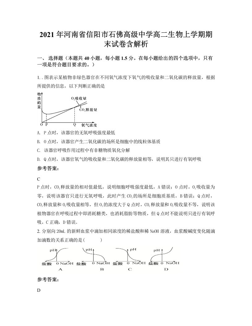 2021年河南省信阳市石佛高级中学高二生物上学期期末试卷含解析