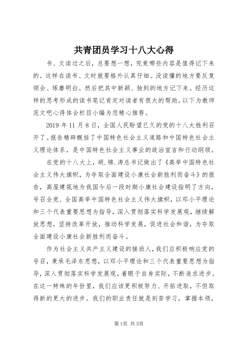 共青团员学习十八大心得