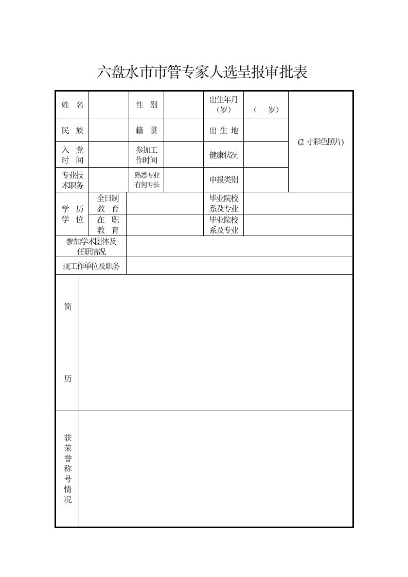 六盘水市市管专家人选呈报审批表