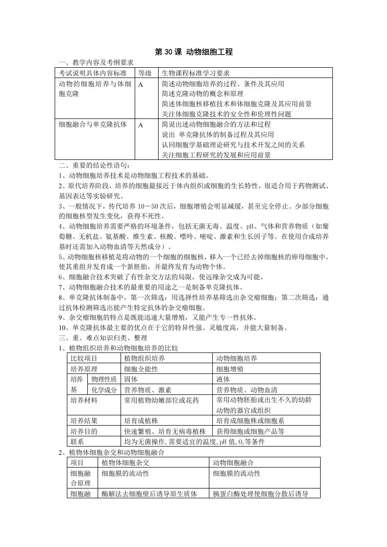 高考生物一轮复习教学教案第30课-动物细胞工程