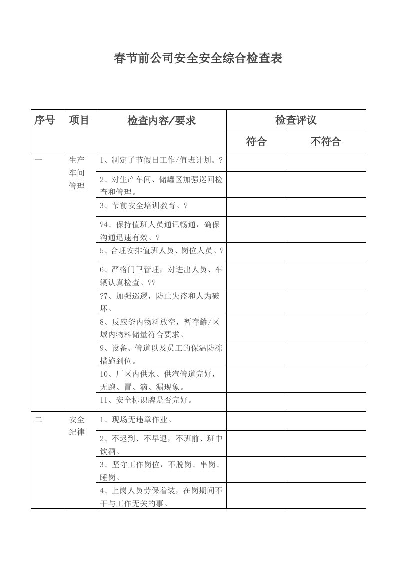 节前安全检查表