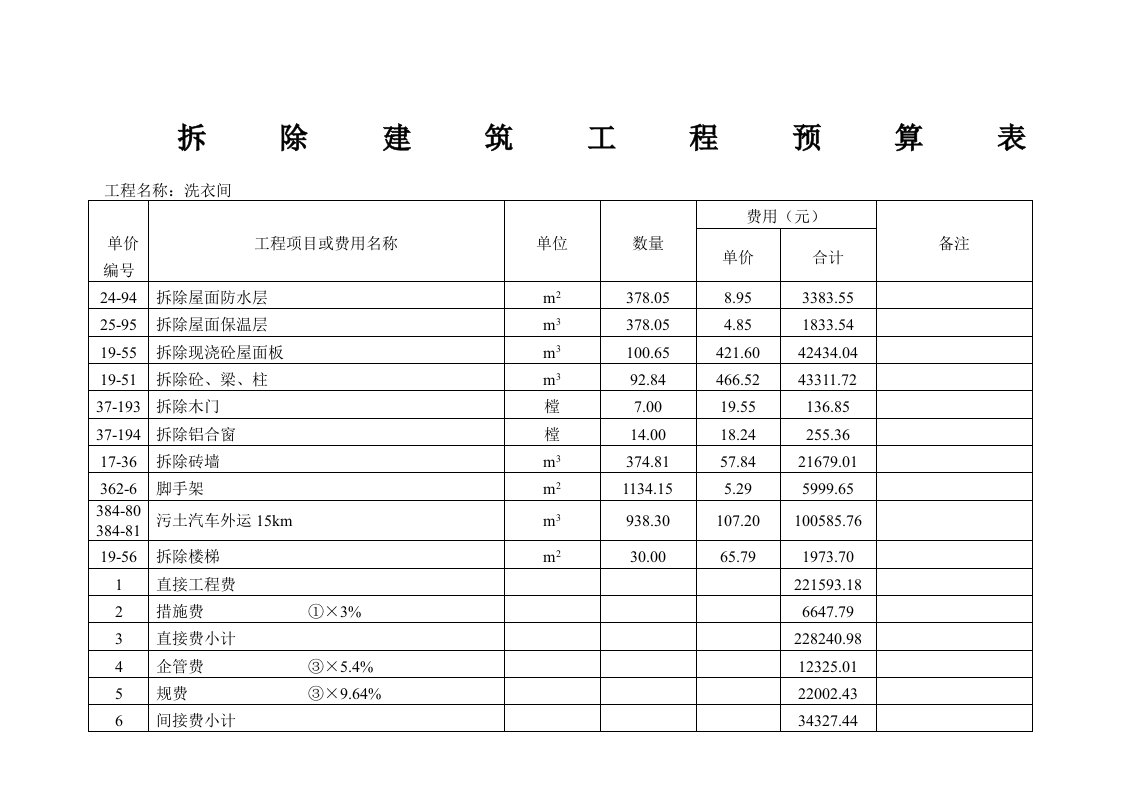 拆除建筑工程预算表