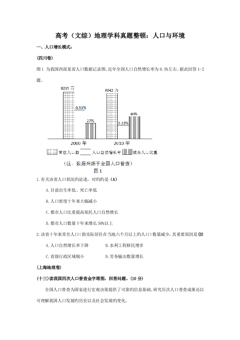 2023年高考文综地理学科真题目整理人口与环境