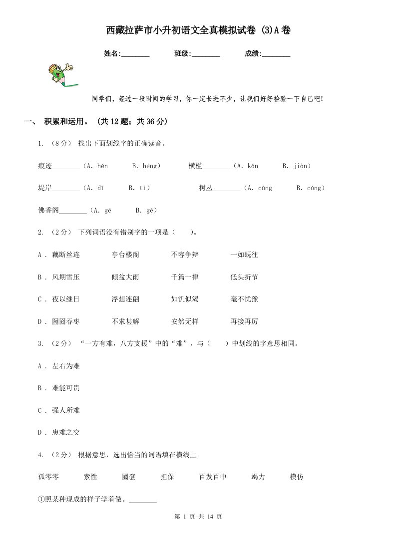 西藏拉萨市小升初语文全真模拟试卷