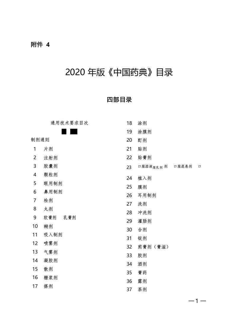 2020中国药典四部目录