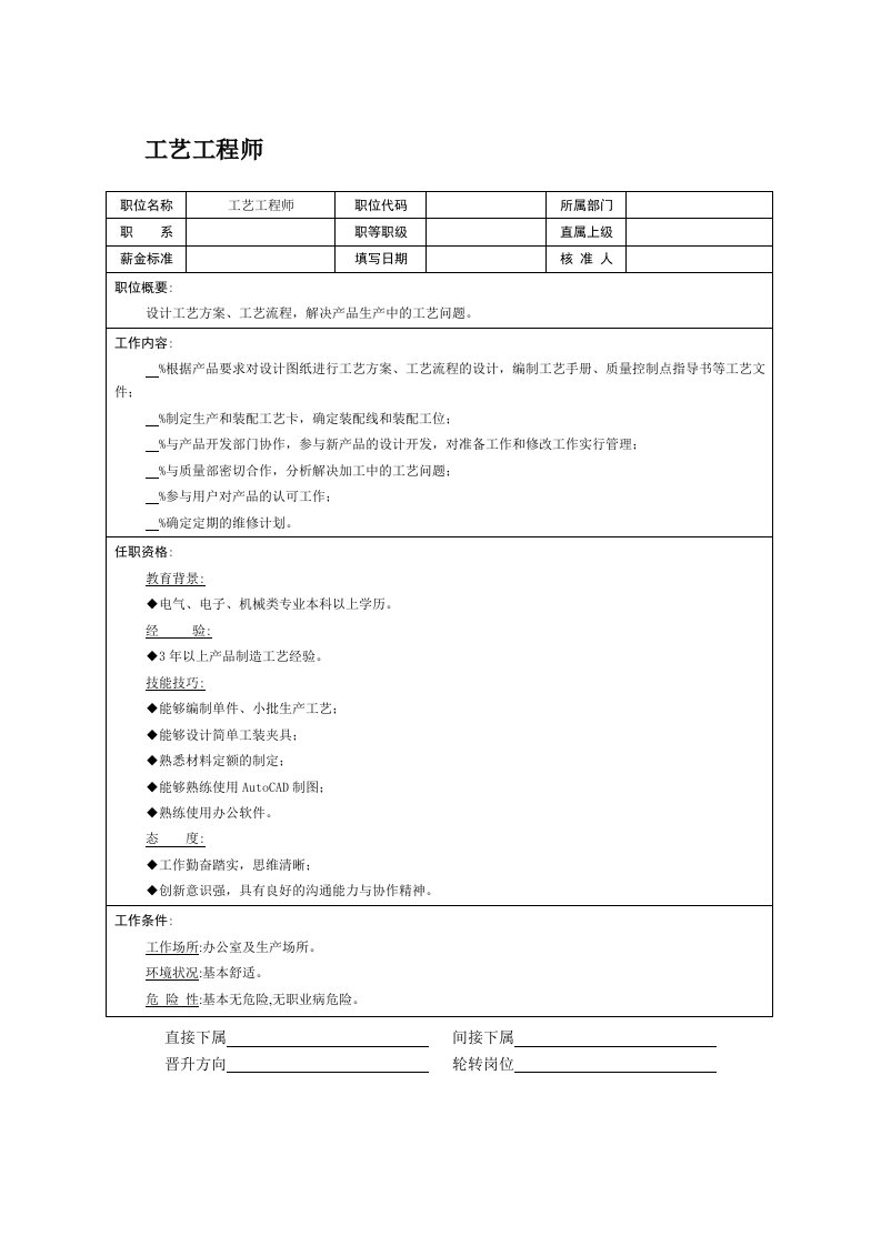 精品文档-职位说明书：工艺工程师