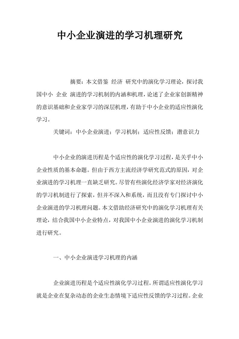 中小企业演进的学习机理研究