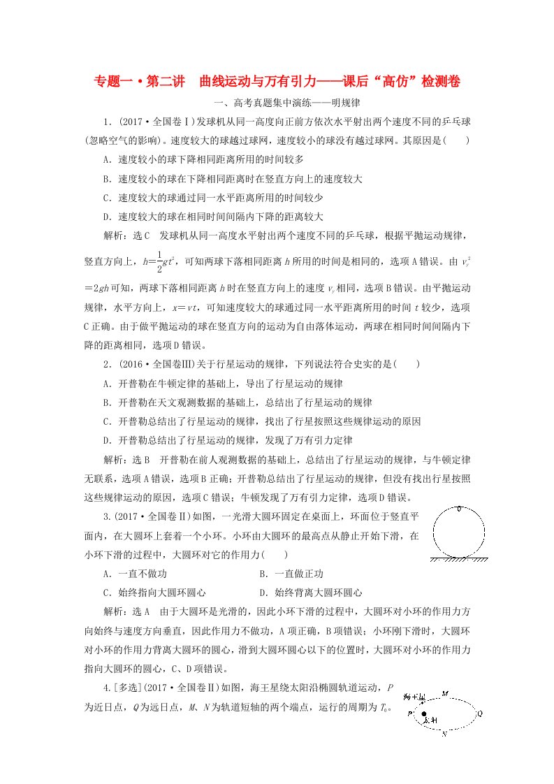 2019届高考物理二轮复习第一部分专题一力与运动第二讲曲线运动与万有引力课后“高仿”检测卷