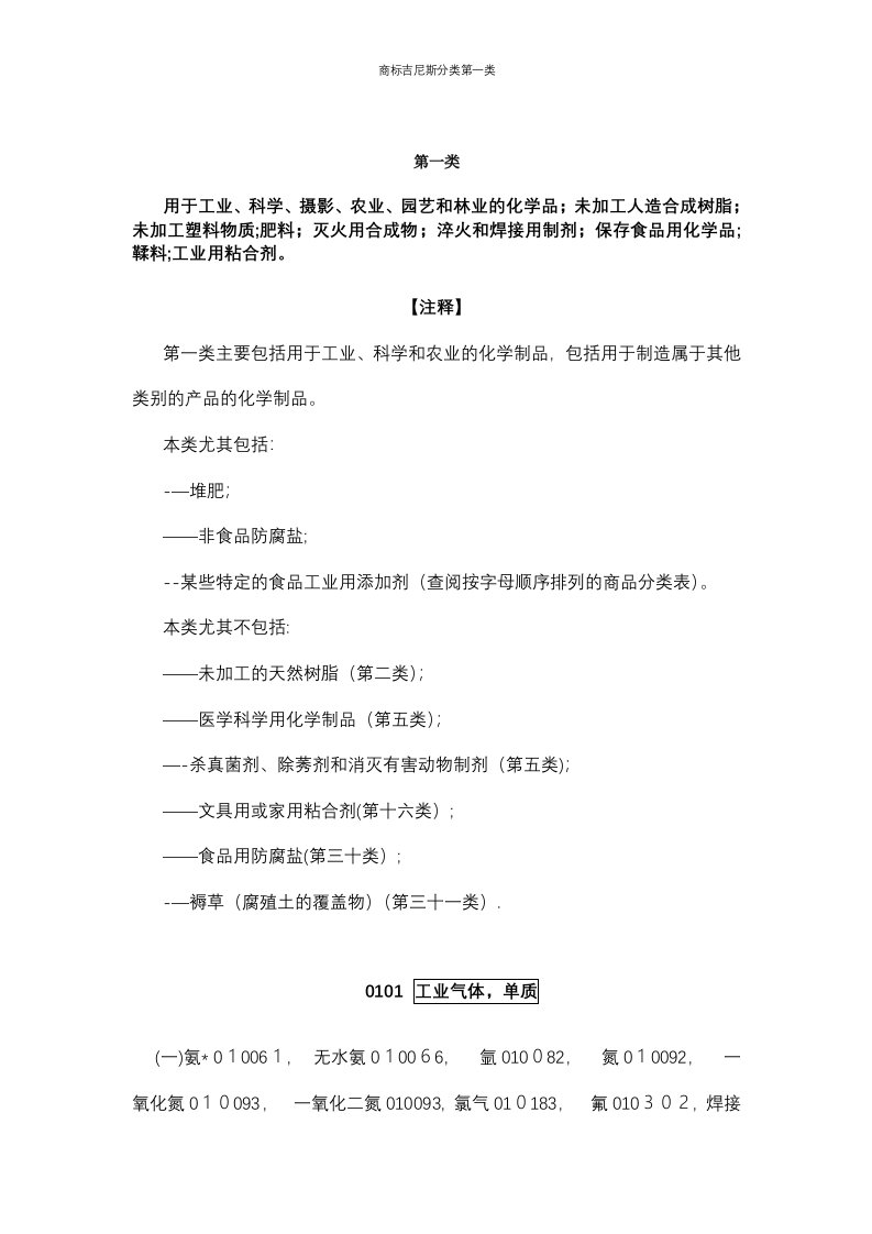 商标吉尼斯分类第一类