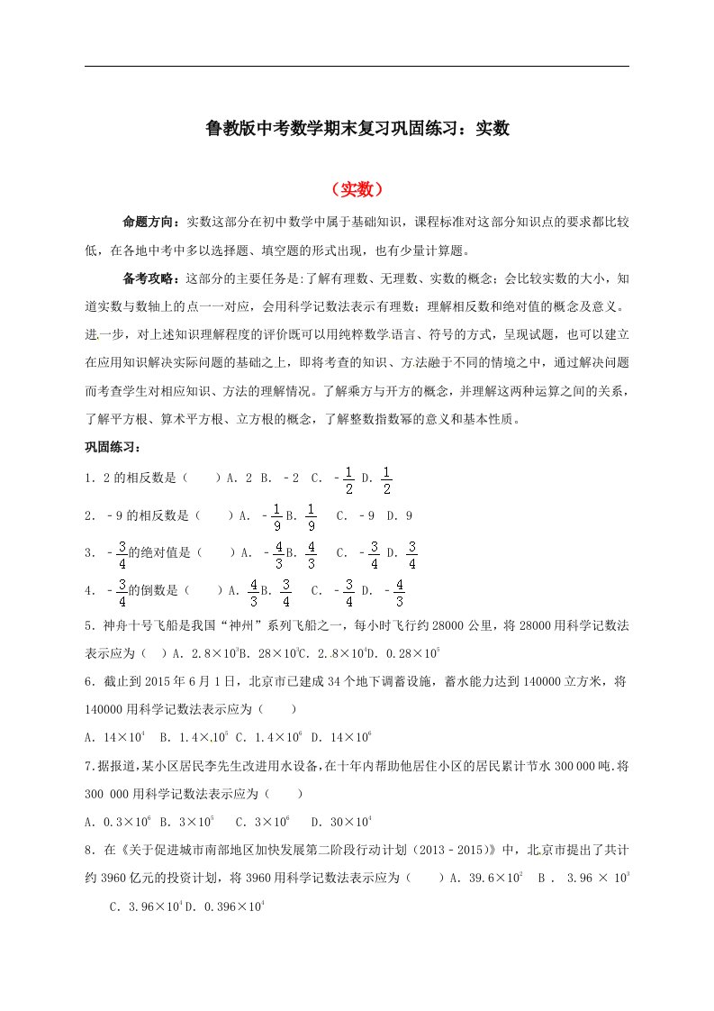 鲁教版中考数学期末复习巩固练习实数