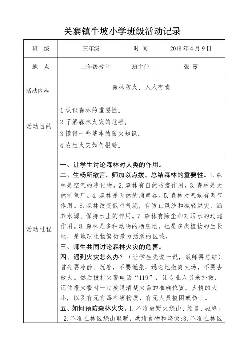 森林防火主题班会活动记录表