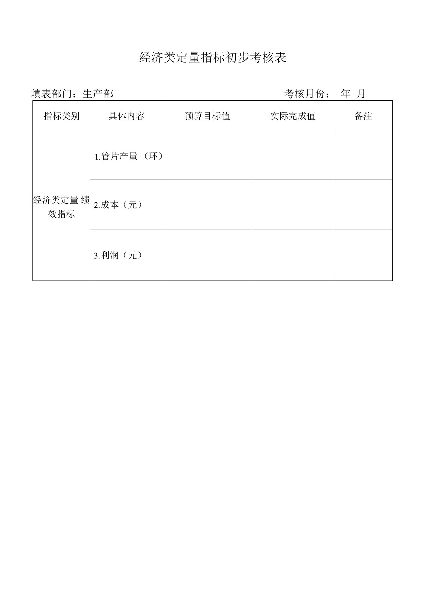 经济类定量指标初步考核表5