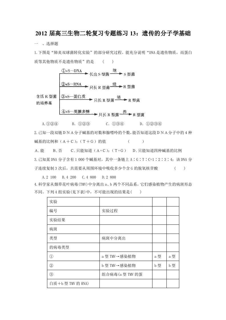 2012届高三生物二轮复习专题练习13：遗传的分子学基础