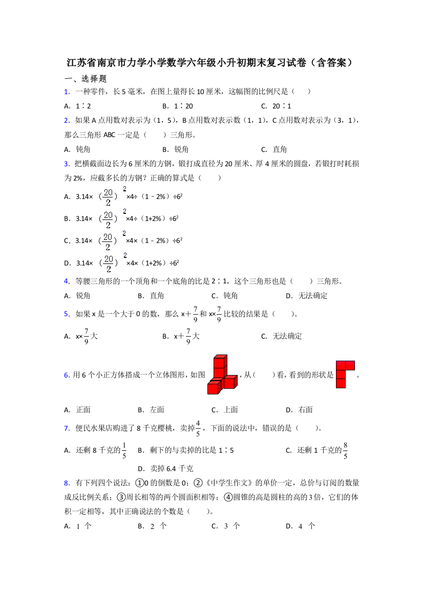 江苏省南京市力学小学数学六年级小升初期末复习试卷(含答案)