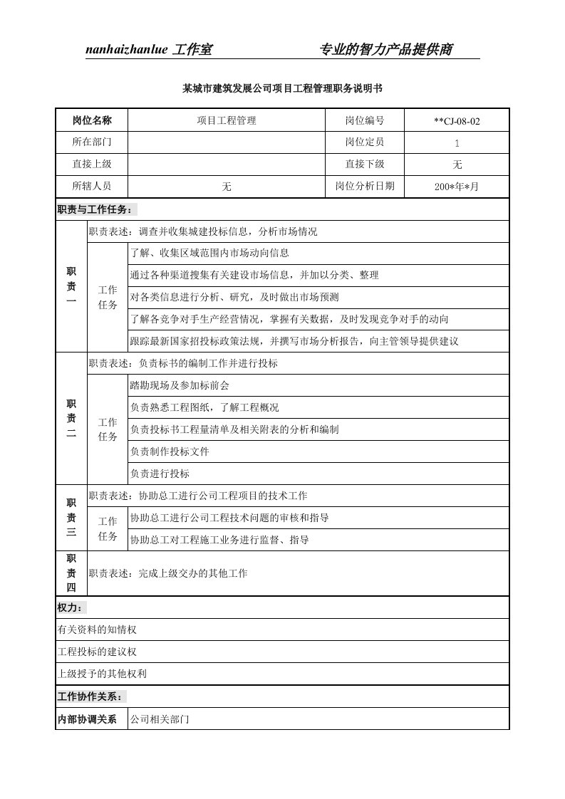 某城市建筑发展公司项目工程管理职务说明书