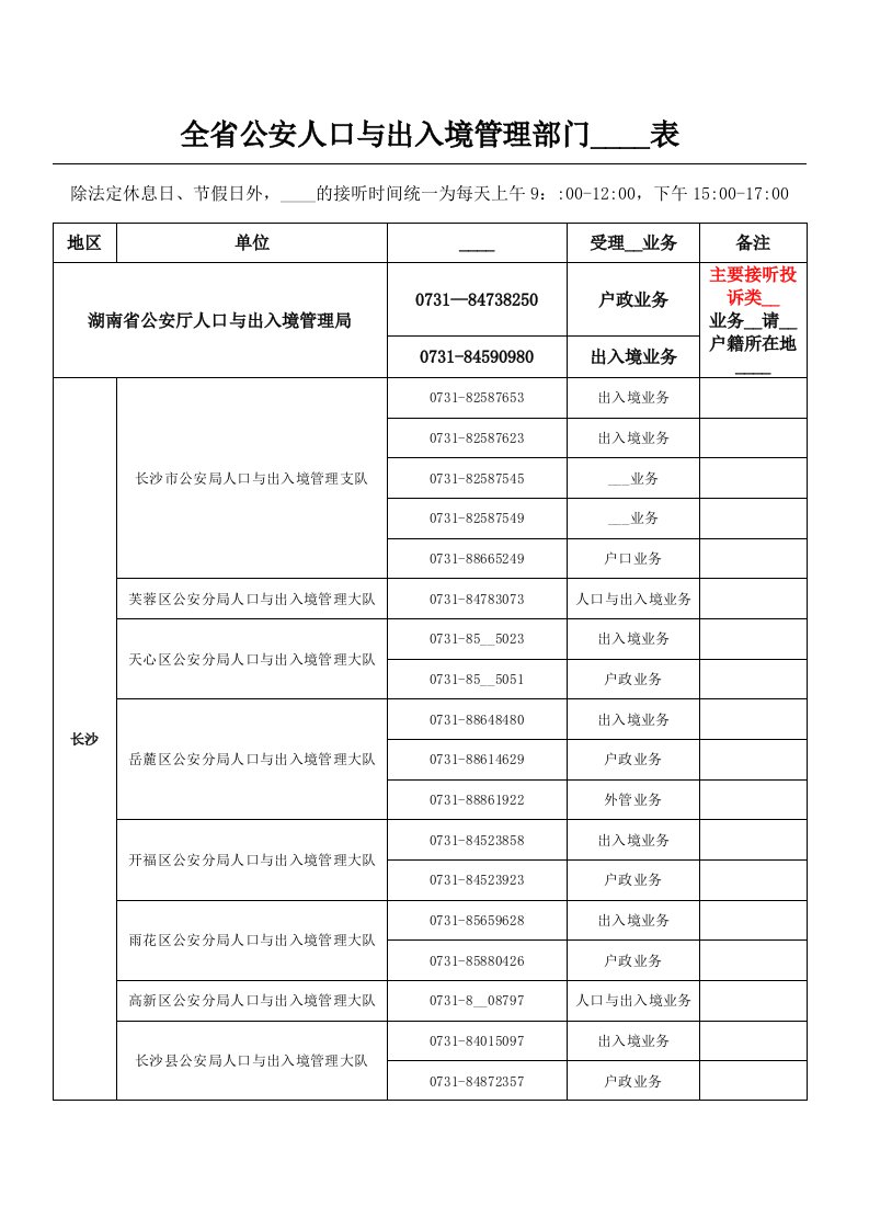 全省公安人口和出入境管理部门咨询电话表