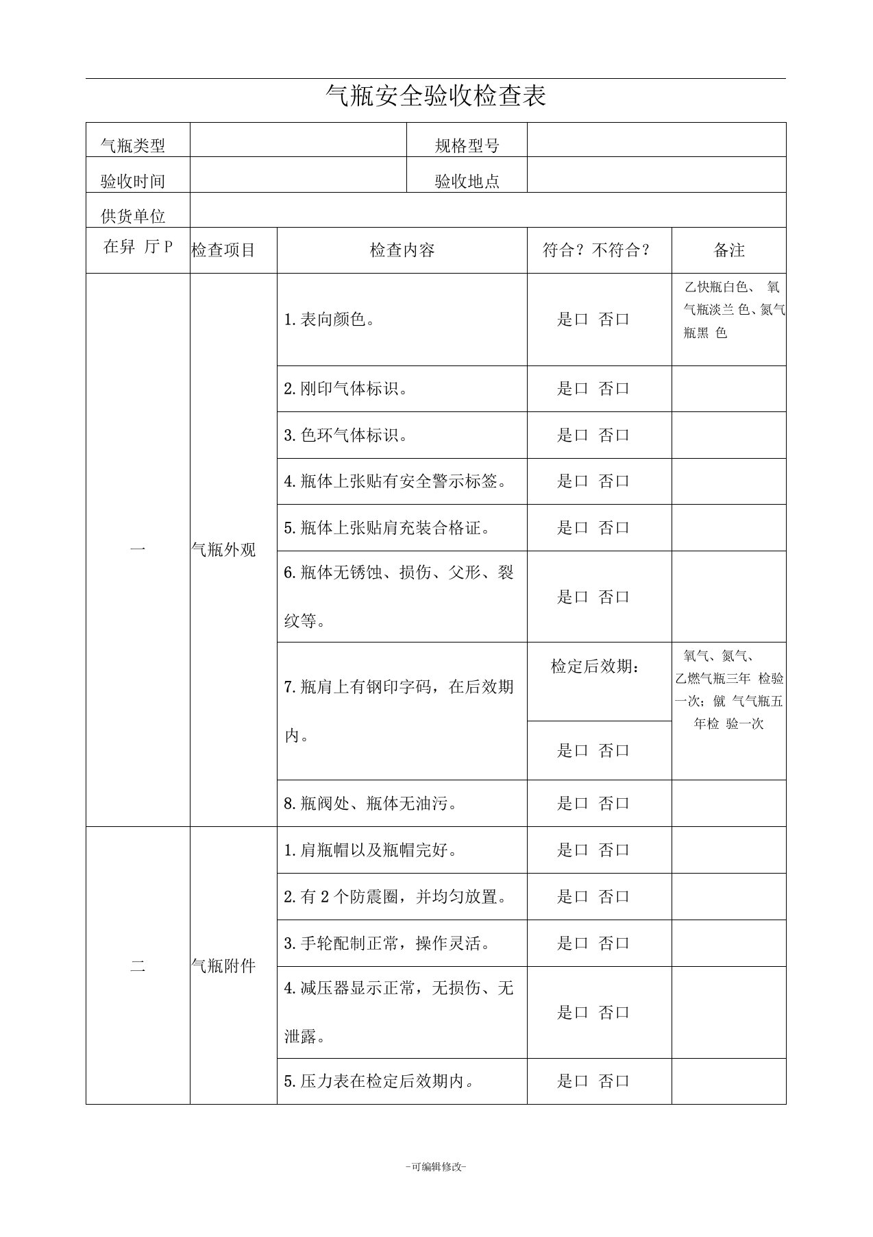 气瓶安全验收检查表