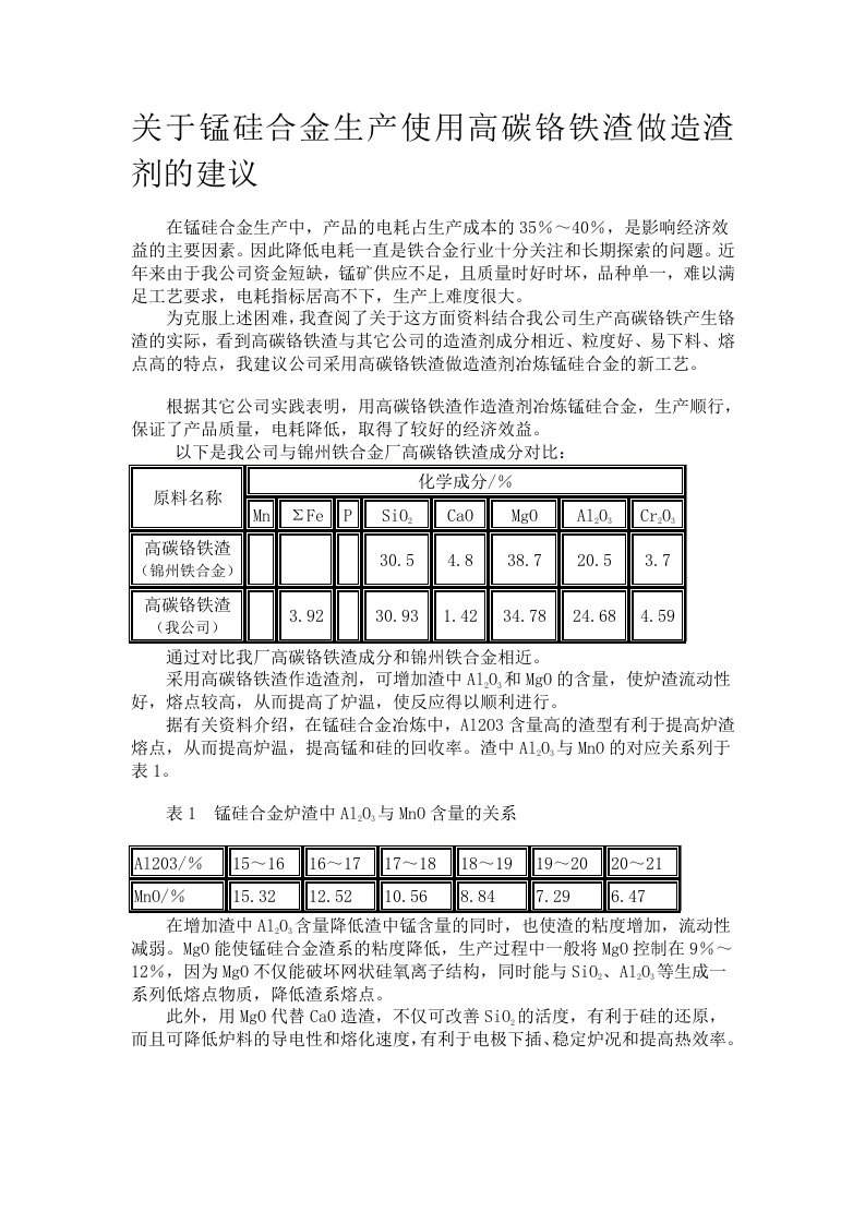 关于锰硅合金生产使用高碳铬铁渣做造渣剂的建议