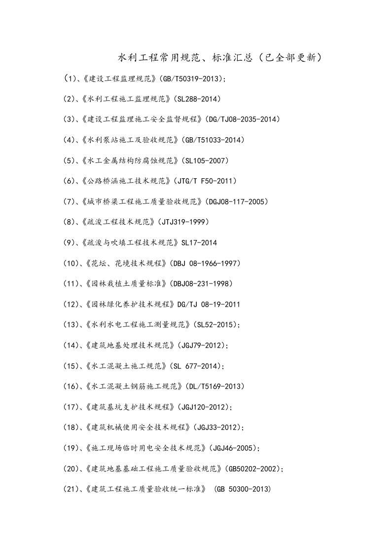 水利工程常用规范、标准汇总