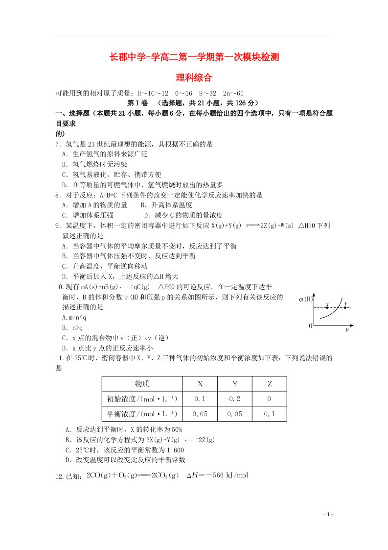 湖南省长沙市长郡中学高二化学上学期第一次模考试题