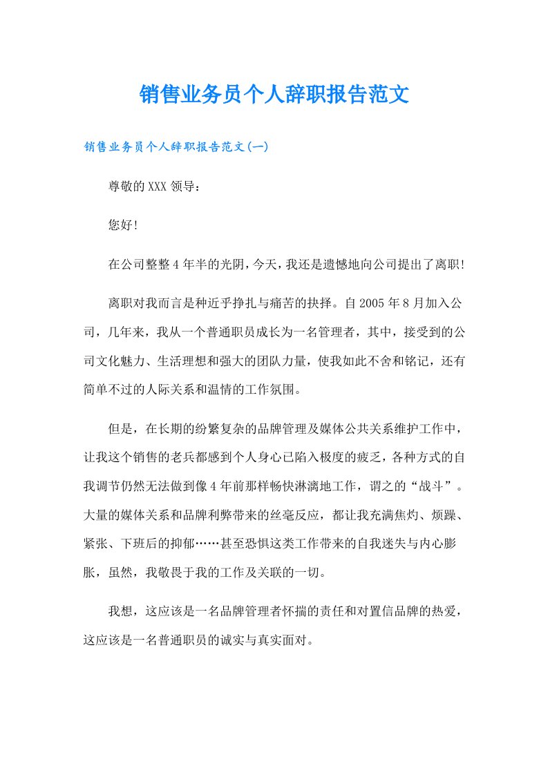 销售业务员个人辞职报告范文