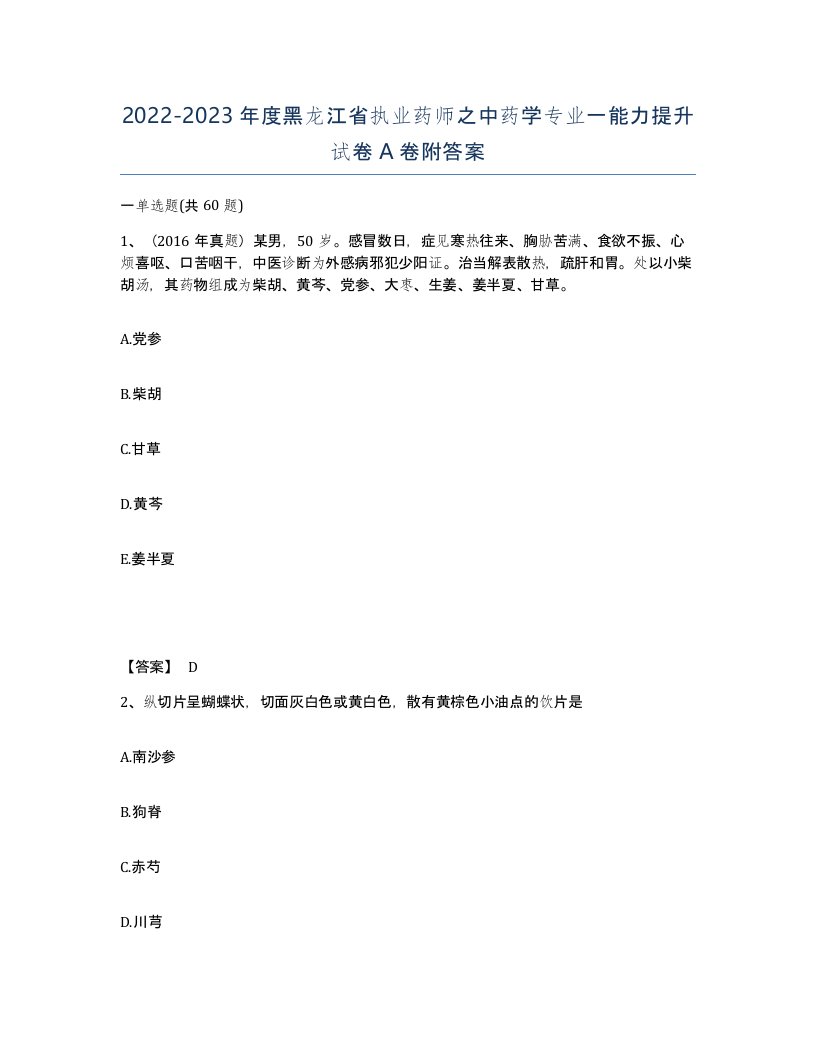 2022-2023年度黑龙江省执业药师之中药学专业一能力提升试卷A卷附答案