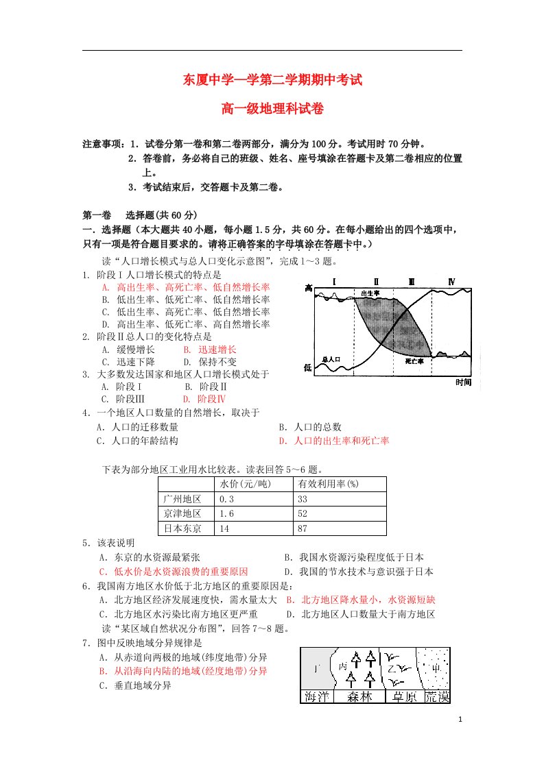 广东省汕头市金平区东厦中学高一地理下学期期中试题新人教版